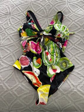 Tropical Fruit Print One-Piece Swimsuit - Black/Multi